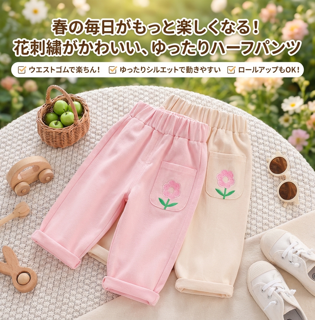 キッズファッション 花刺繍ポケット付きゆったりハーフパンツ - 商品イメージ