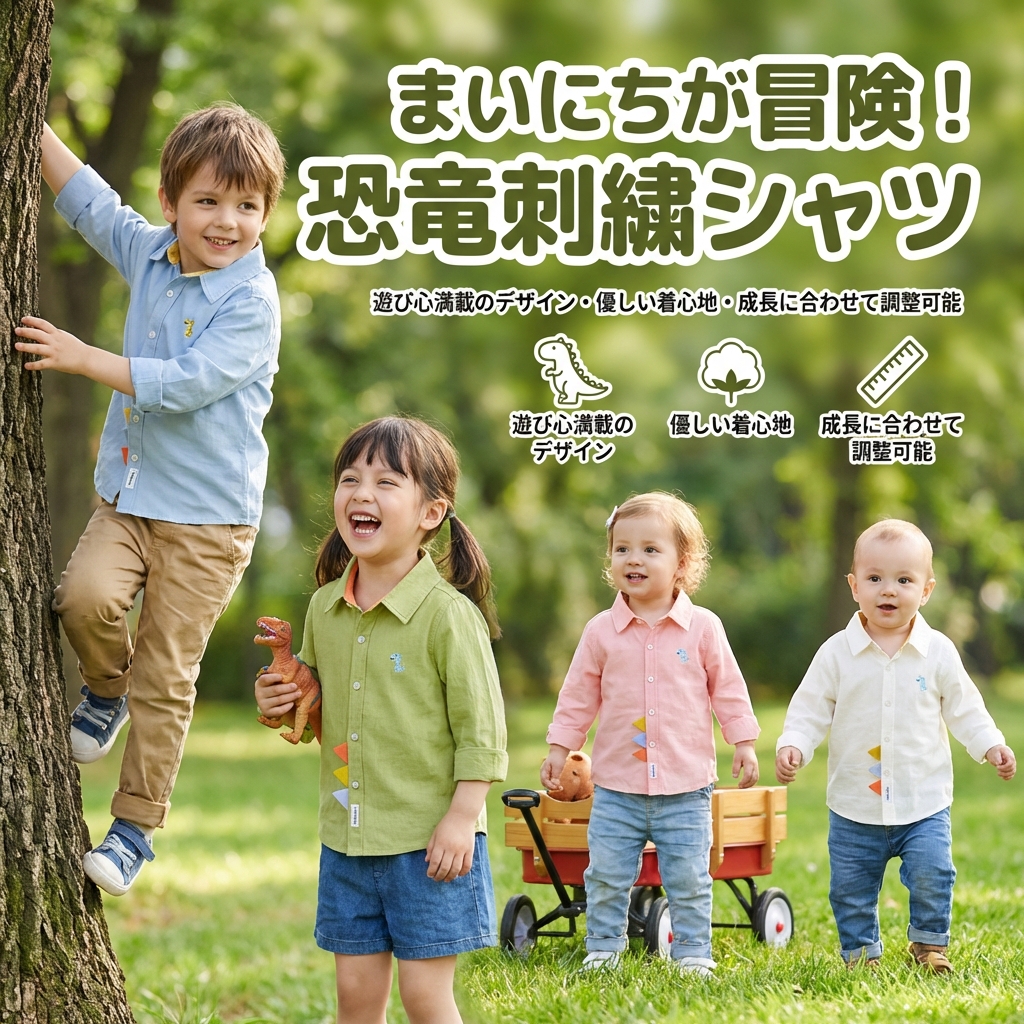 キッズファッション 恐竜刺繍ポイント長袖シャツ - 商品イメージ