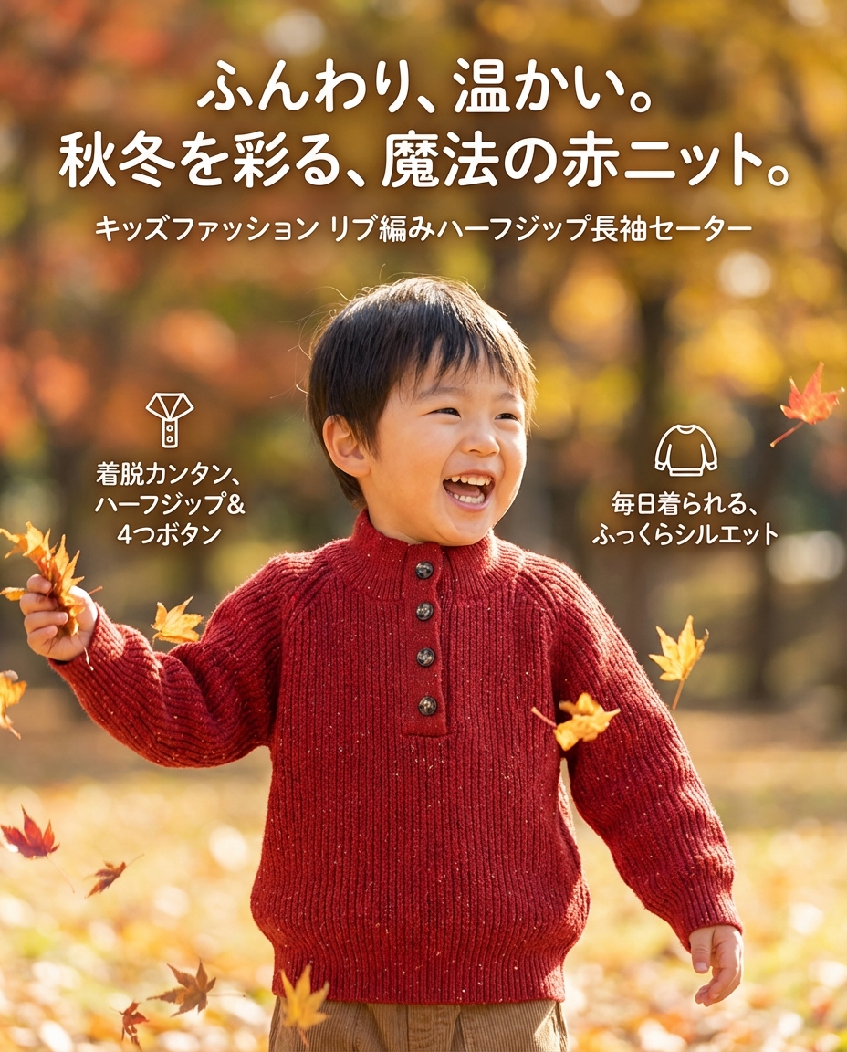 キッズファッション リブ編みハーフジップ長袖セーター - 商品イメージ