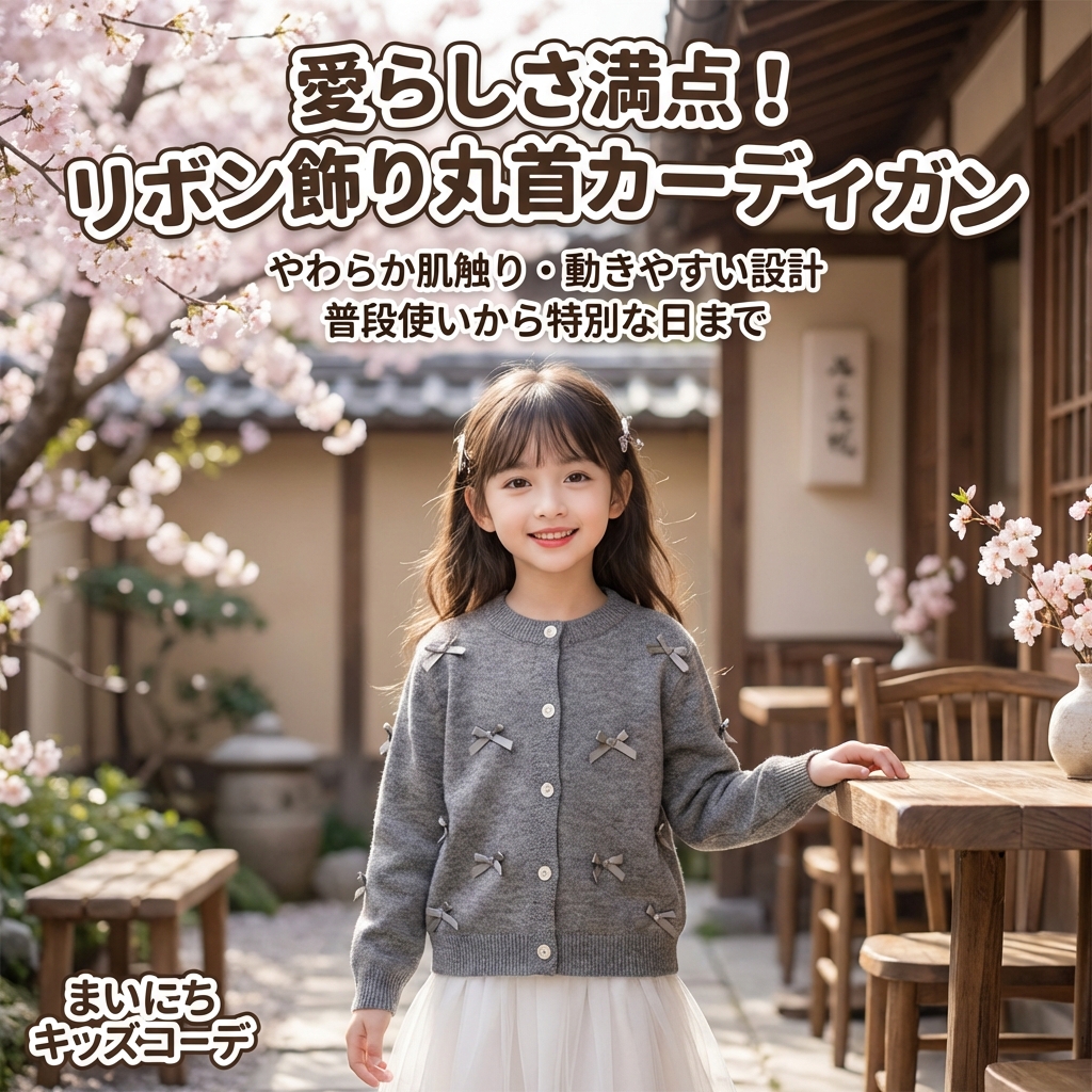 キッズファッション リボン飾り丸首ニットカーディガン - 商品イメージ