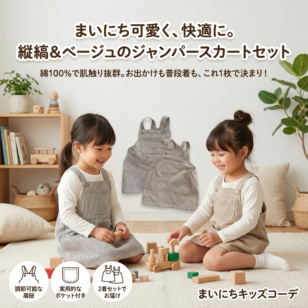 キッズファッション 縦縞模様とベージュの可愛いジャンパースカート - 商品イメージ