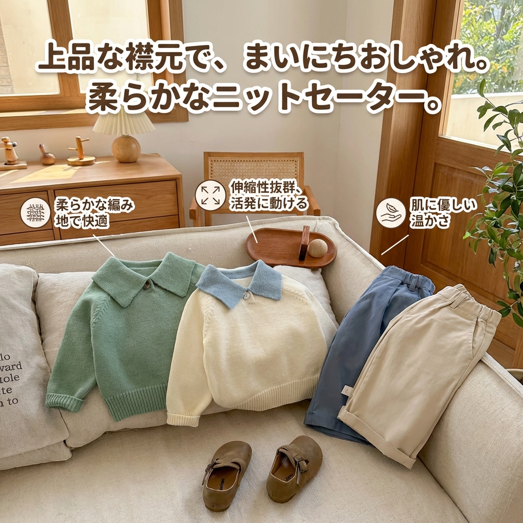 キッズファッション 上品な襟付きニットセーター - 商品イメージ