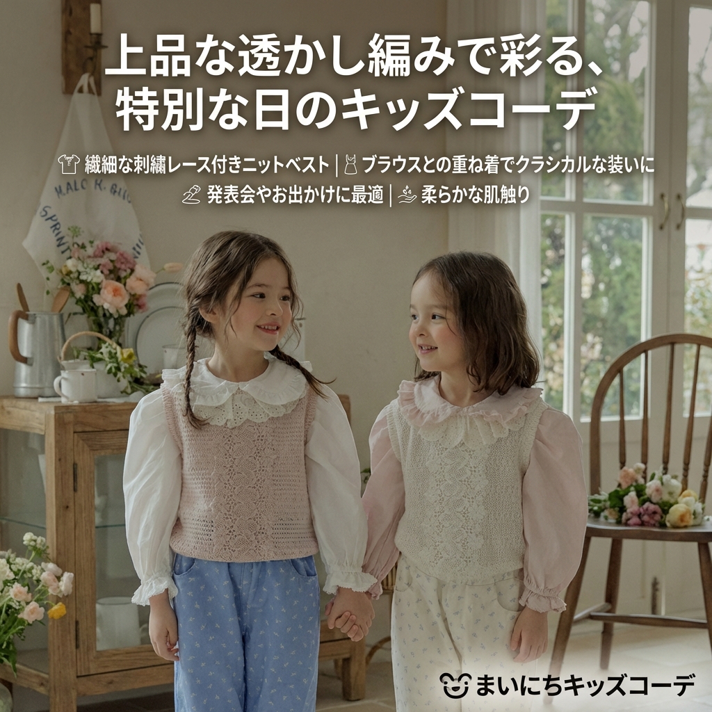 キッズファッション 透かし編み刺繍レース付きニットベスト - 商品イメージ