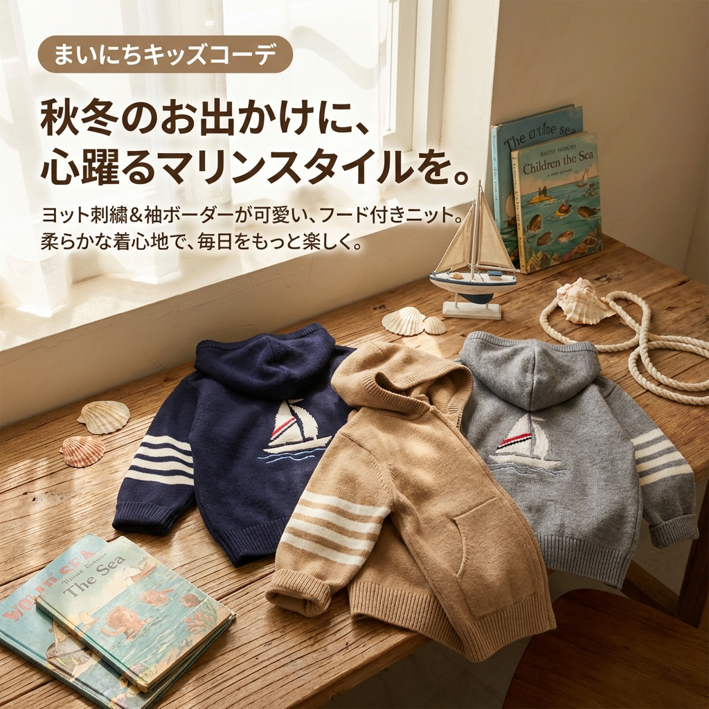 キッズファッション ヨット刺繍入りフード付きニット - 商品イメージ