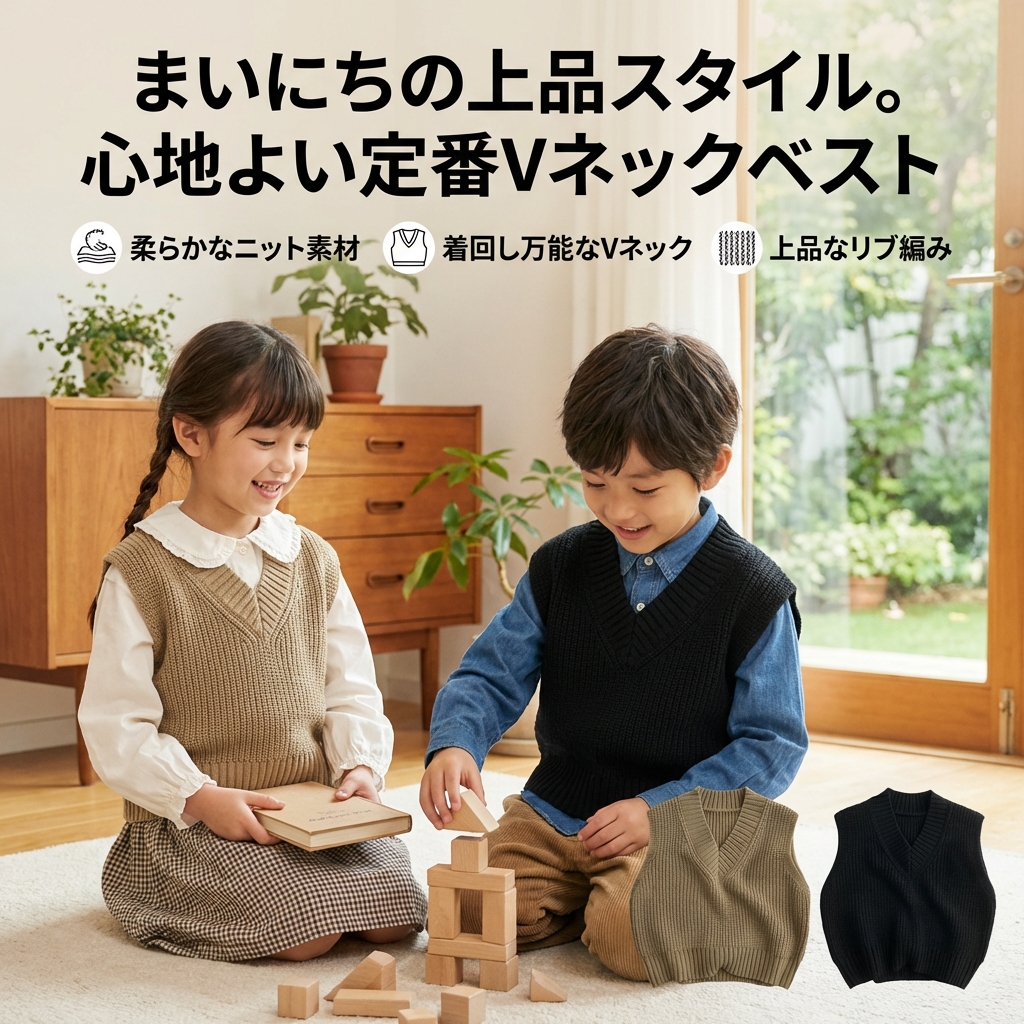 キッズファッション 子供用クラシックブイネックニットベスト - 商品イメージ