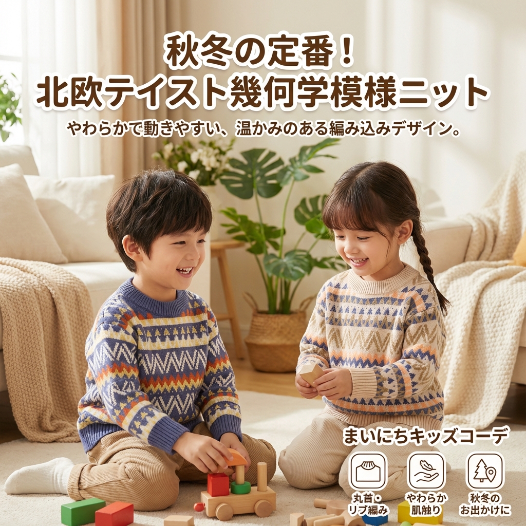 キッズファッション 北欧風幾何学模様子供用丸首セーター - 商品イメージ