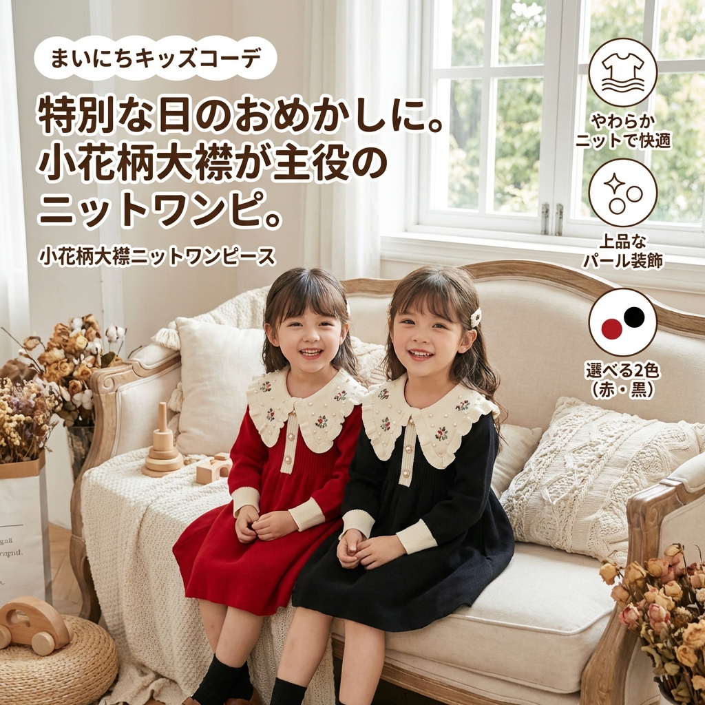 キッズファッション 小花柄大襟ニットワンピース - 商品イメージ