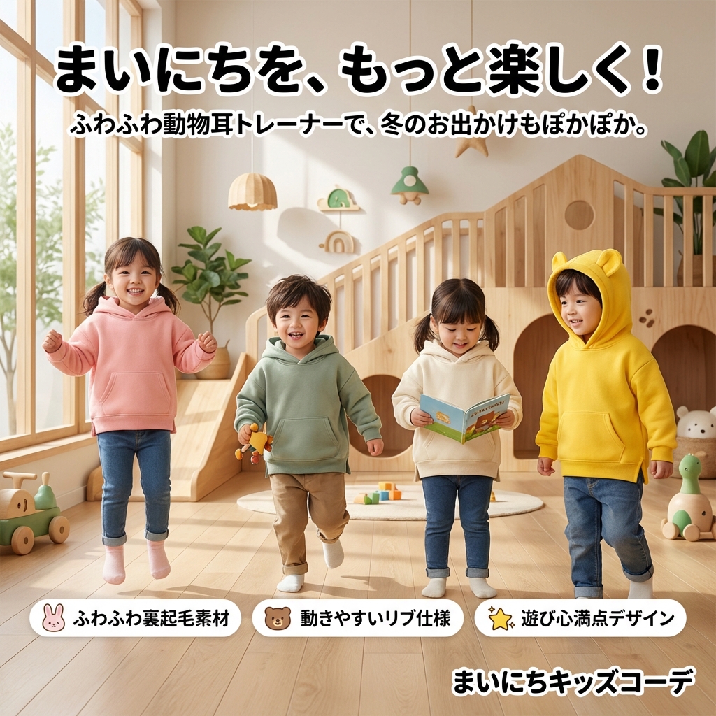 キッズファッション 動物耳付きふわふわ裏起毛フード付きトレーナー - 商品イメージ