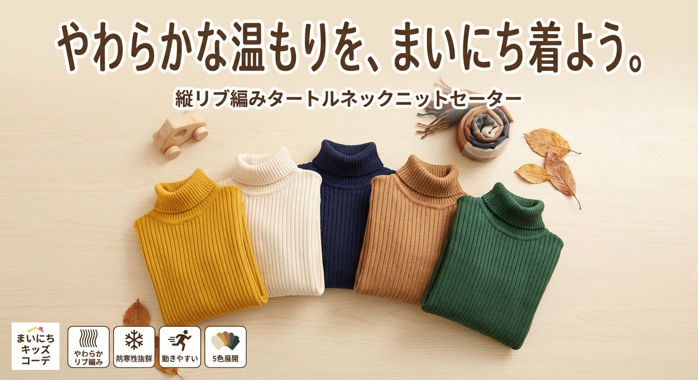 キッズファッション 縦リブ編みタートルネックニットセーター - カラーバリエーション