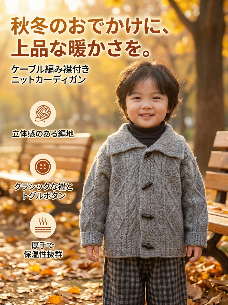 キッズファッション ケーブル編み襟付きニットカーディガン - 商品イメージ