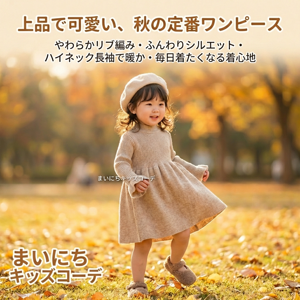 キッズファッション リブ編みハイネック長袖ふんわりワンピース - 商品イメージ