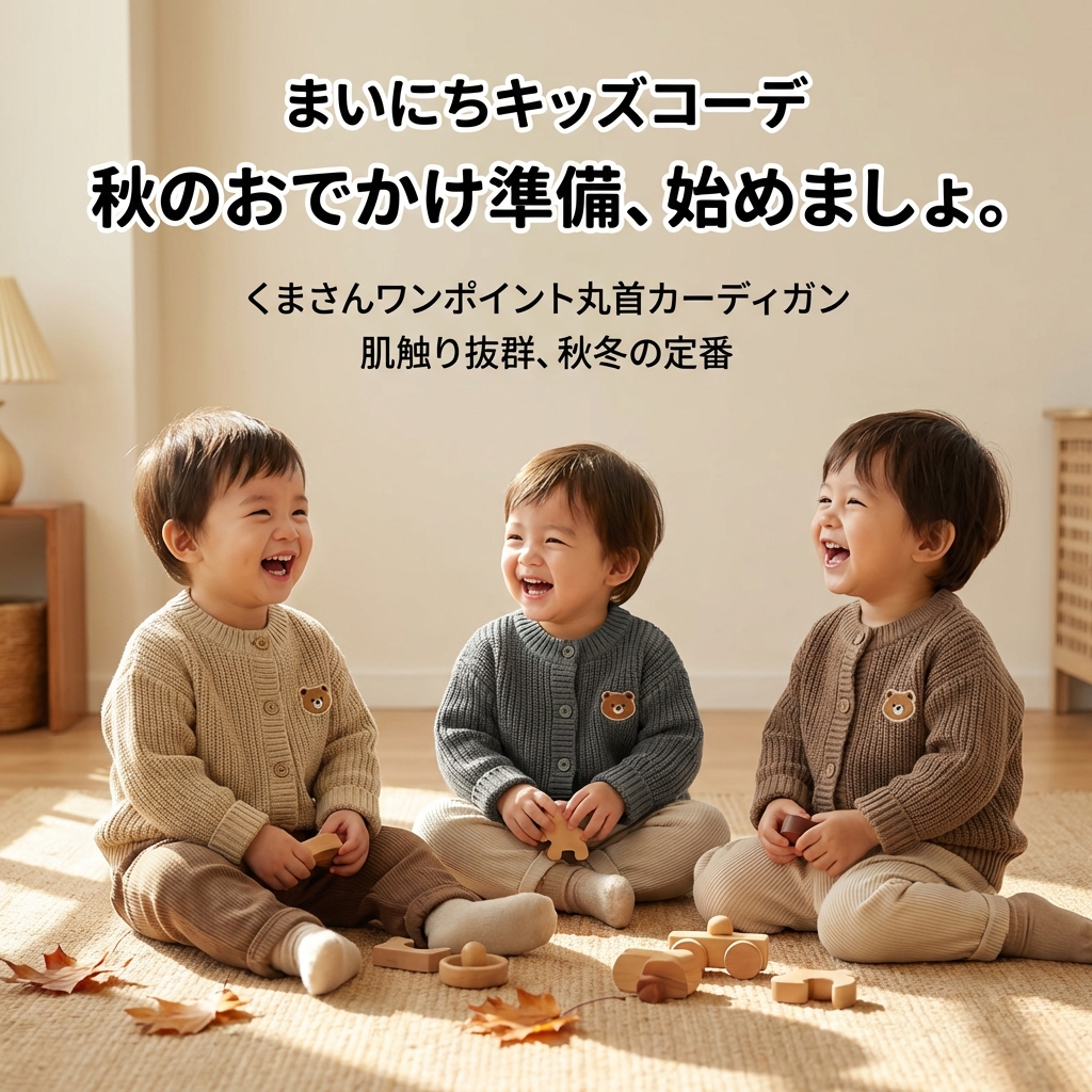 キッズファッション くまさんワンポイント丸首カーディガン - 商品イメージ