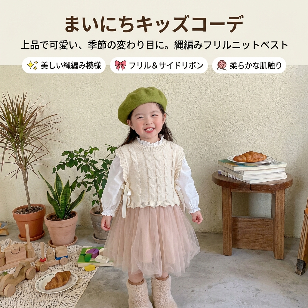 キッズファッション 縄編み模様のフリル袖なしニットベスト - 商品イメージ