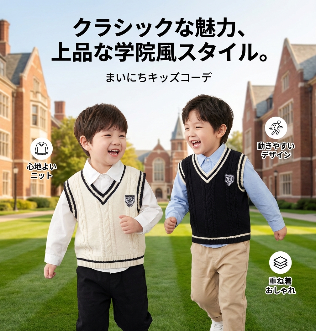 キッズファッション 上品なケーブル編み袖なしニットベスト - 商品イメージ