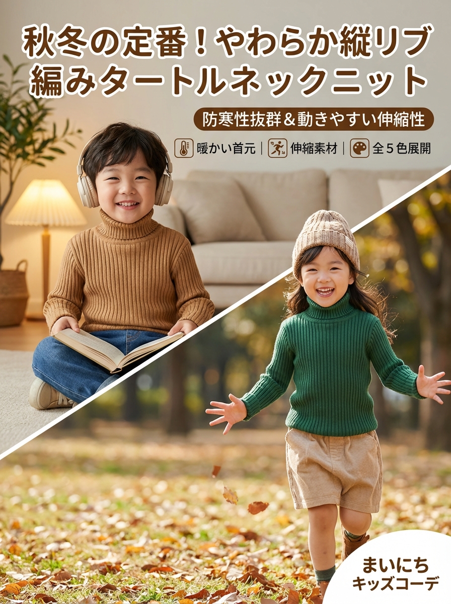 キッズファッション 縦リブ編みタートルネックニットセーター - 着回し・コーディネート提案