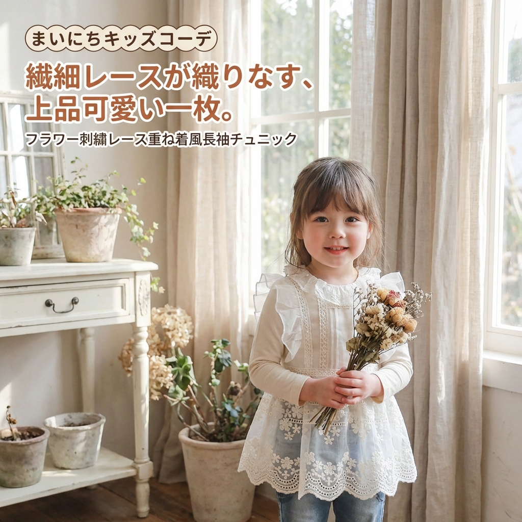 キッズファッション フラワー刺繍レース重ね着風長袖チュニック - 商品イメージ