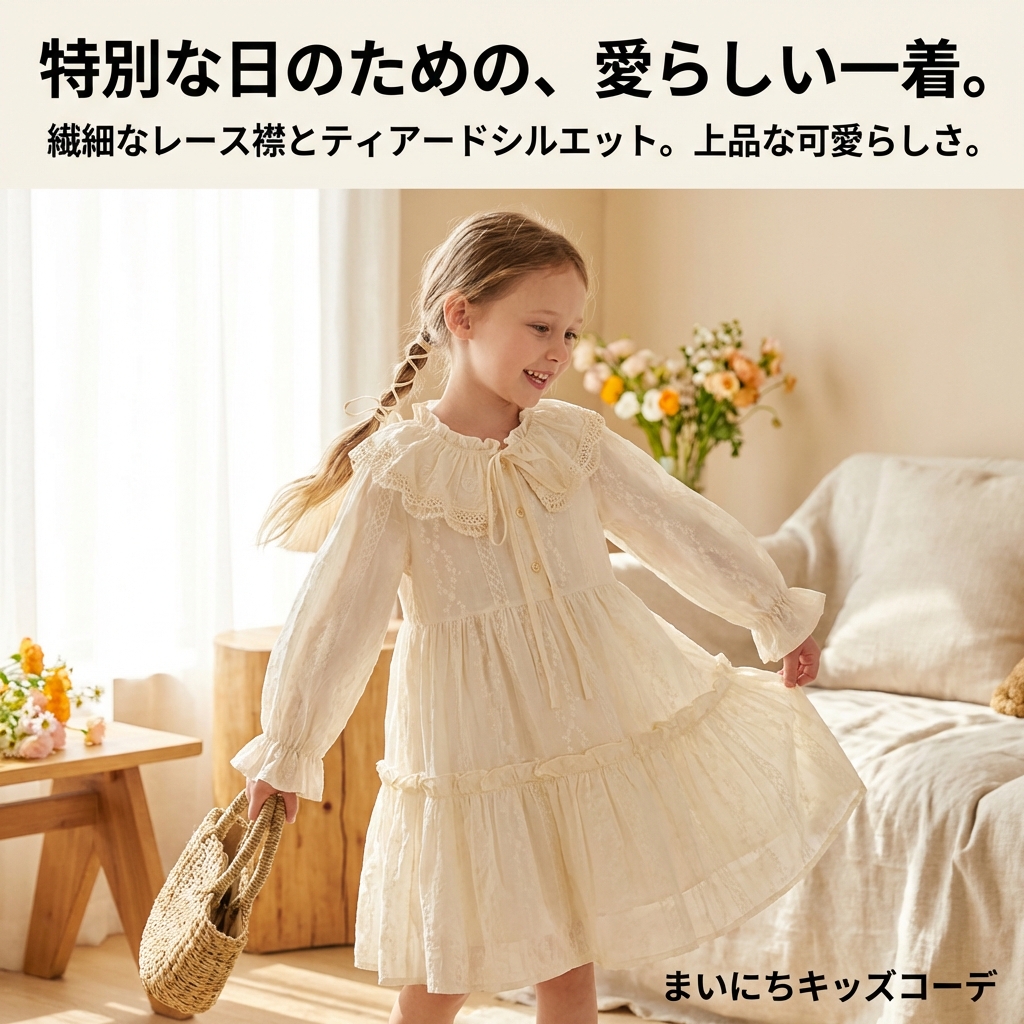 キッズファッション フリル襟レース装飾長袖ワンピース - 商品イメージ