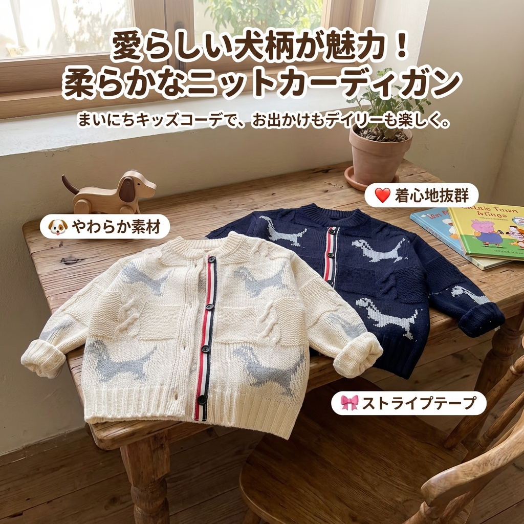 キッズファッション 愛らしい犬柄編み込み長袖カーディガン - 商品イメージ