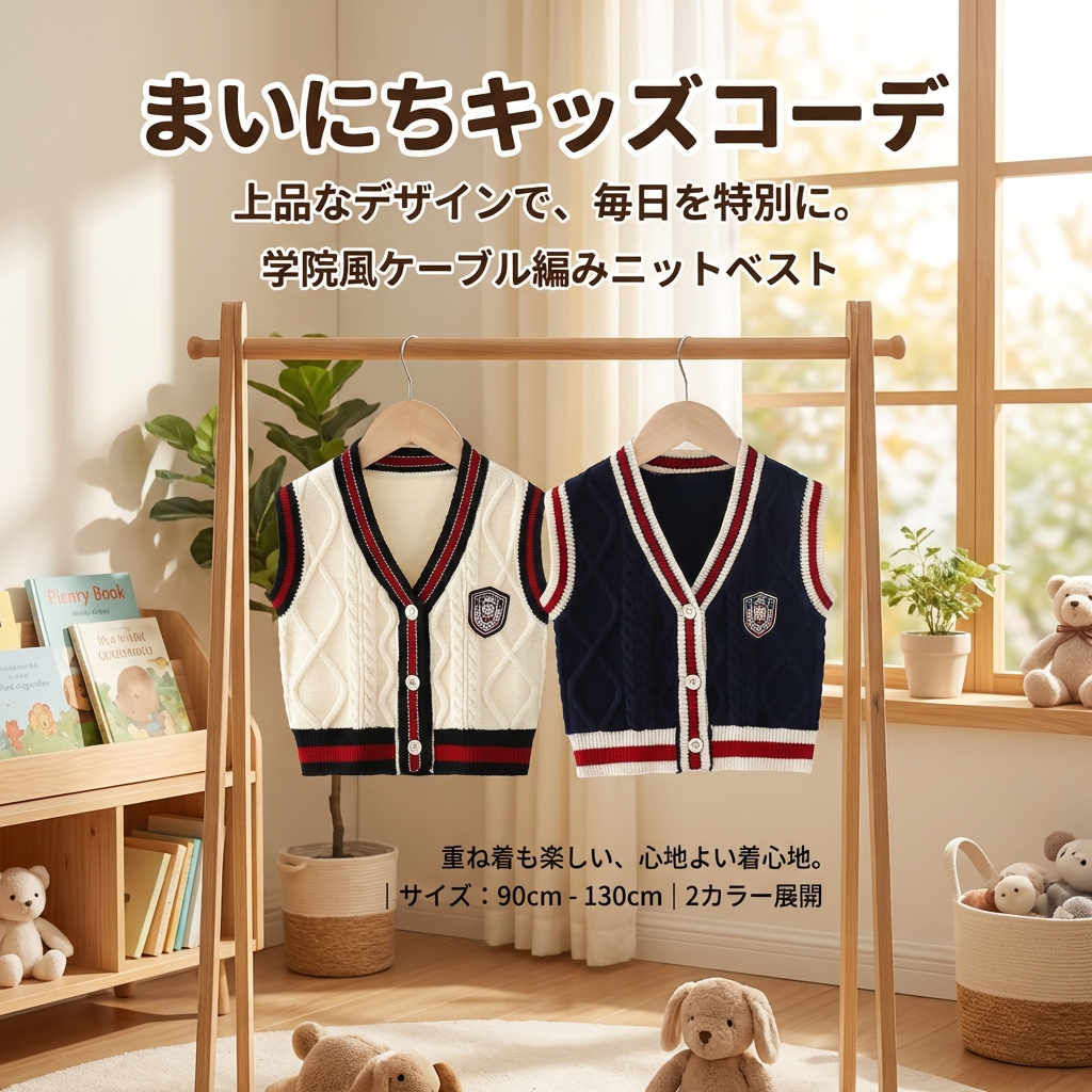 キッズファッション 学院風ケーブル編みニットベスト - 商品イメージ