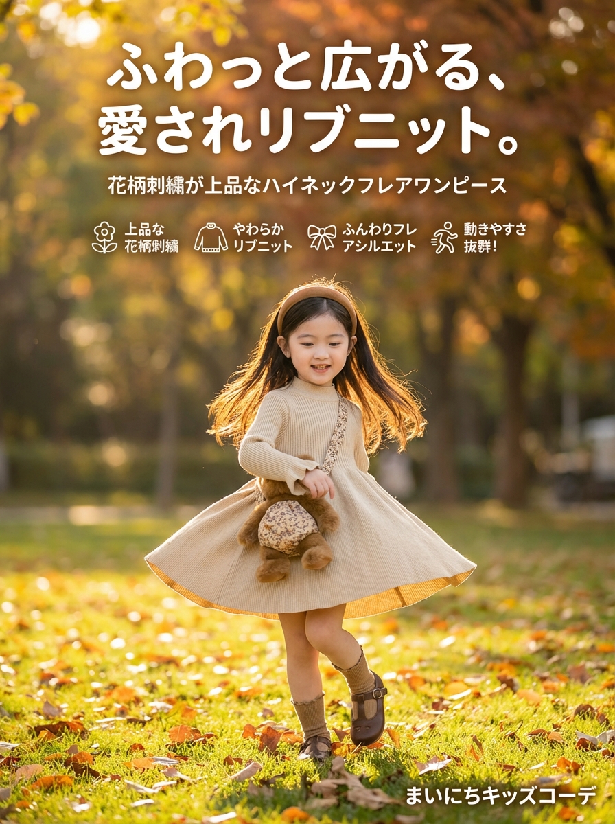 キッズファッション リブニット長袖ハイネックフレアワンピース - こんなシーンにおすすめ