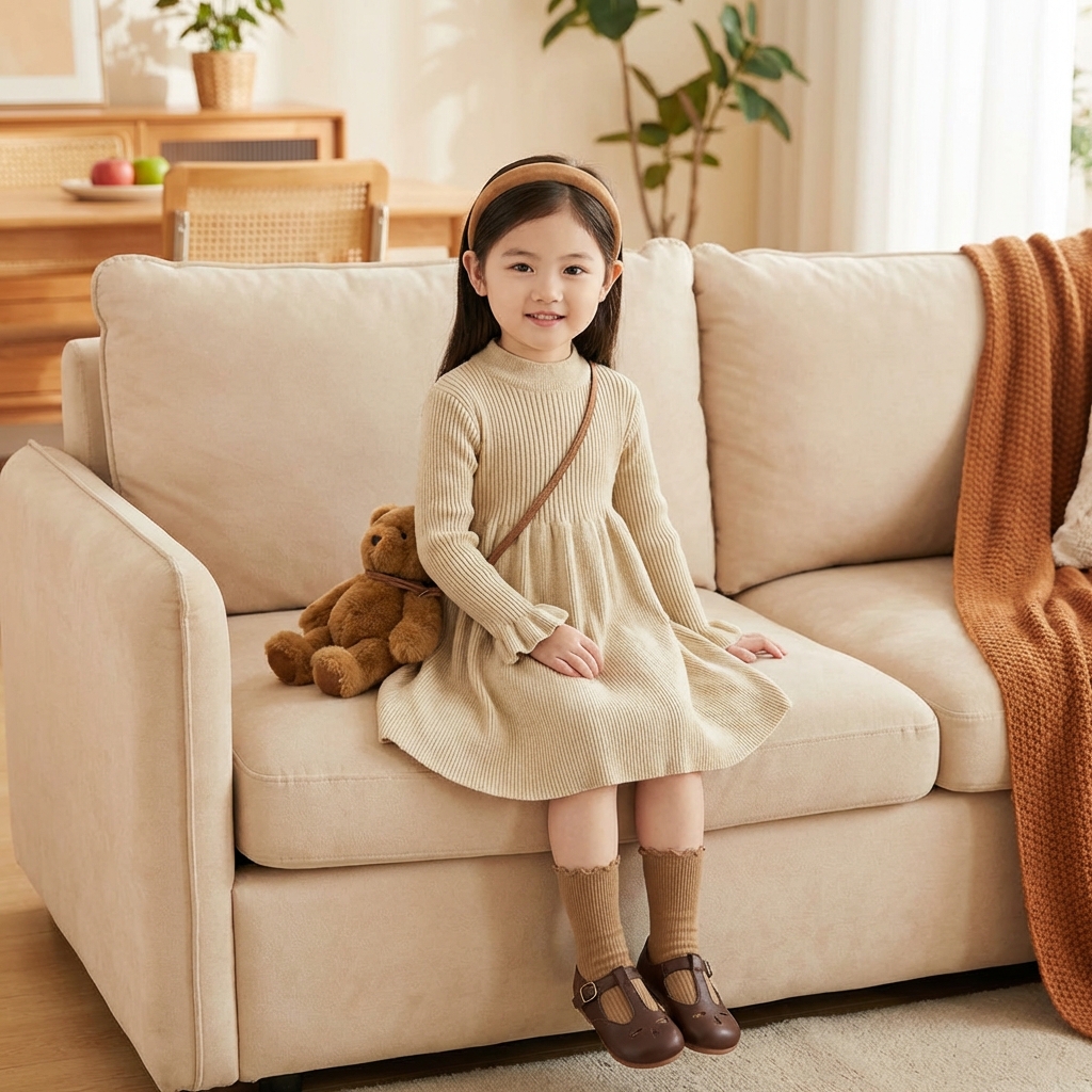 キッズファッション リブニット長袖ハイネックフレアワンピース - デザインのポイント