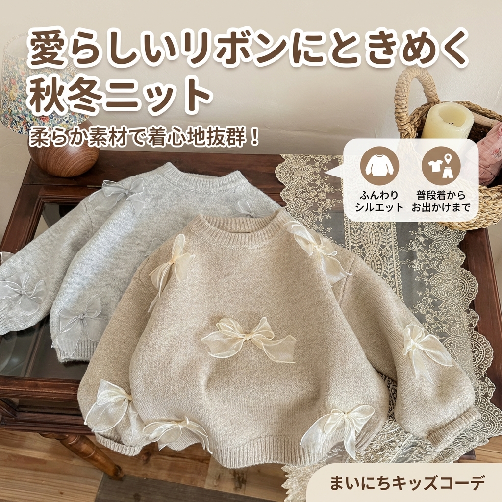 キッズファッション 可愛いリボン飾り付き長袖丸首セーター - 商品イメージ
