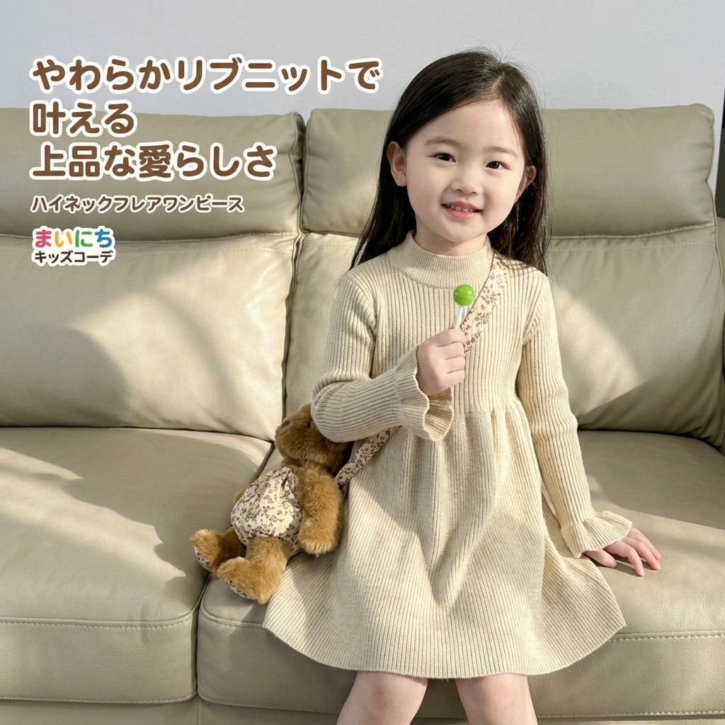 キッズファッション リブニット長袖ハイネックフレアワンピース - 素材感・着心地