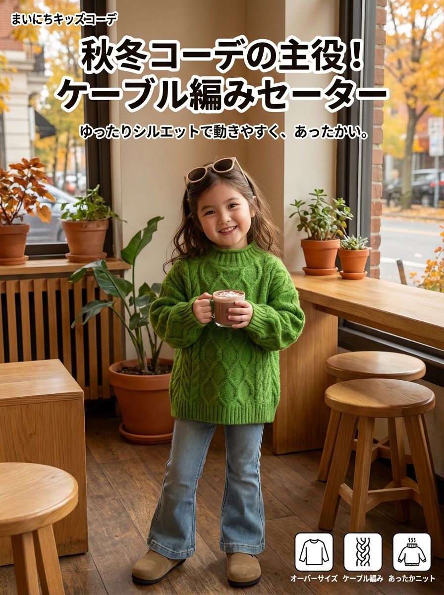 キッズファッション 女の子用ケーブル編み長袖セーター - 商品イメージ