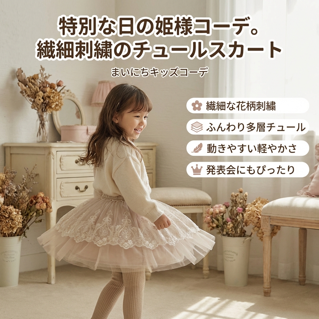 キッズファッション 花柄刺繍レース付き多層チュール姫様風スカート - 商品イメージ