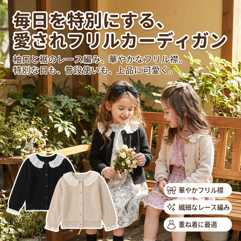 キッズファッション フリル襟付きニットカーディガン - 商品イメージ