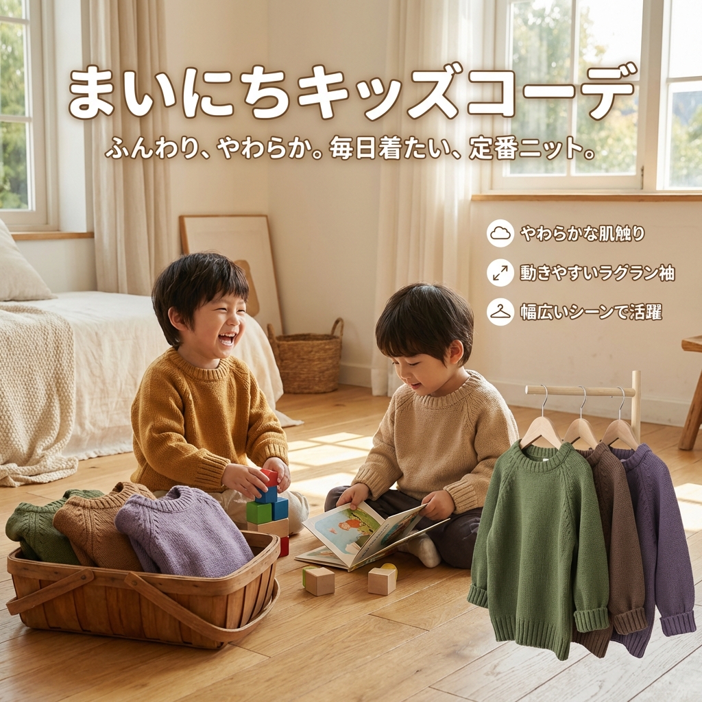 キッズファッション ふんわり丸首ラグラン袖長袖ニットセーター - 商品イメージ