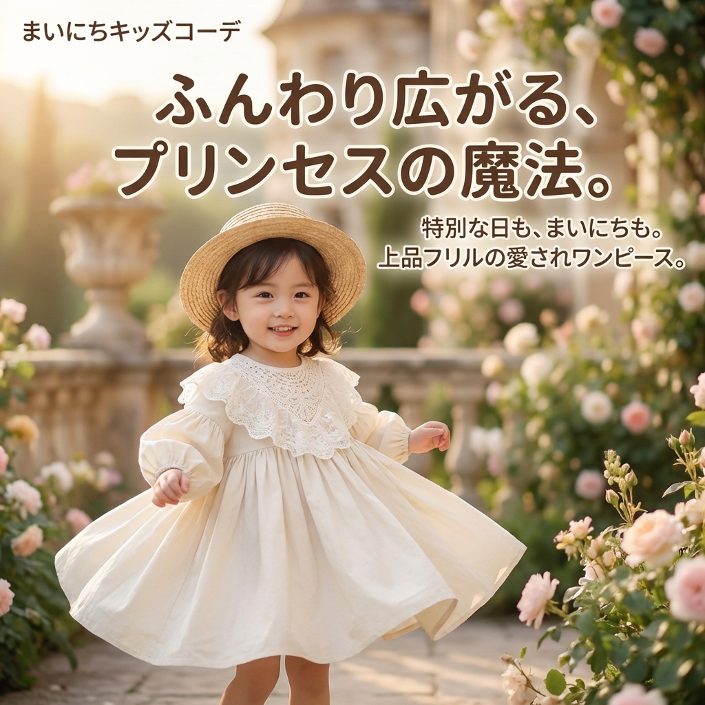 キッズファッション ふんわり袖のプリンセス風フリル付きワンピース - 商品イメージ