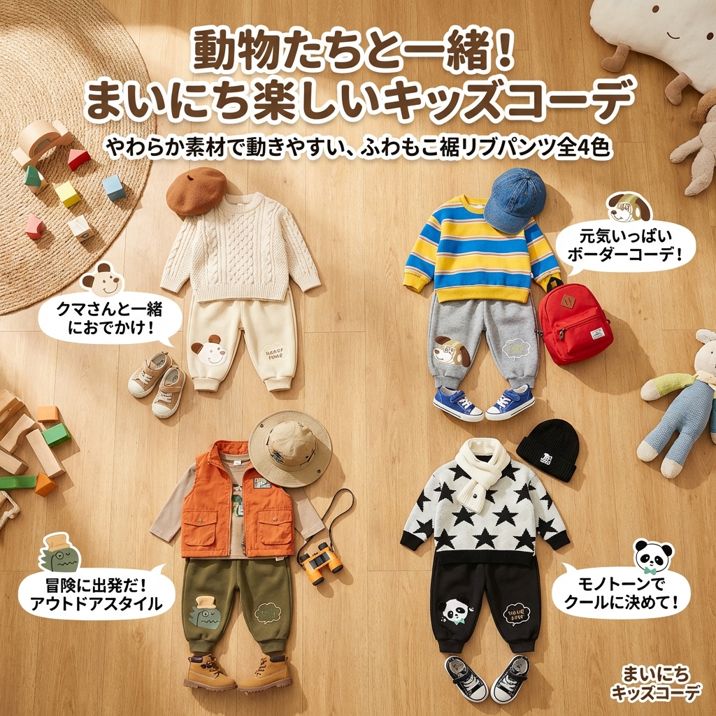 キッズファッション 動物刺繍入りふわもこ裾リブパンツ - カラーバリエーションとコーディネート