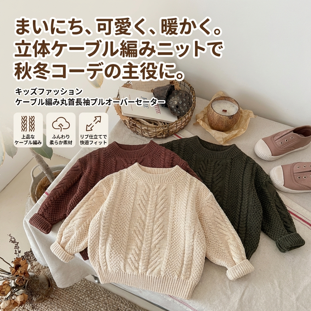 キッズファッション ケーブル編み丸首長袖プルオーバーセーター - 商品イメージ