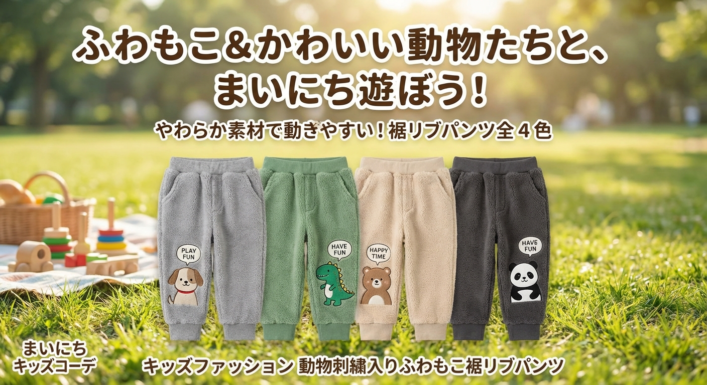 キッズファッション 動物刺繍入りふわもこ裾リブパンツ - 商品概要