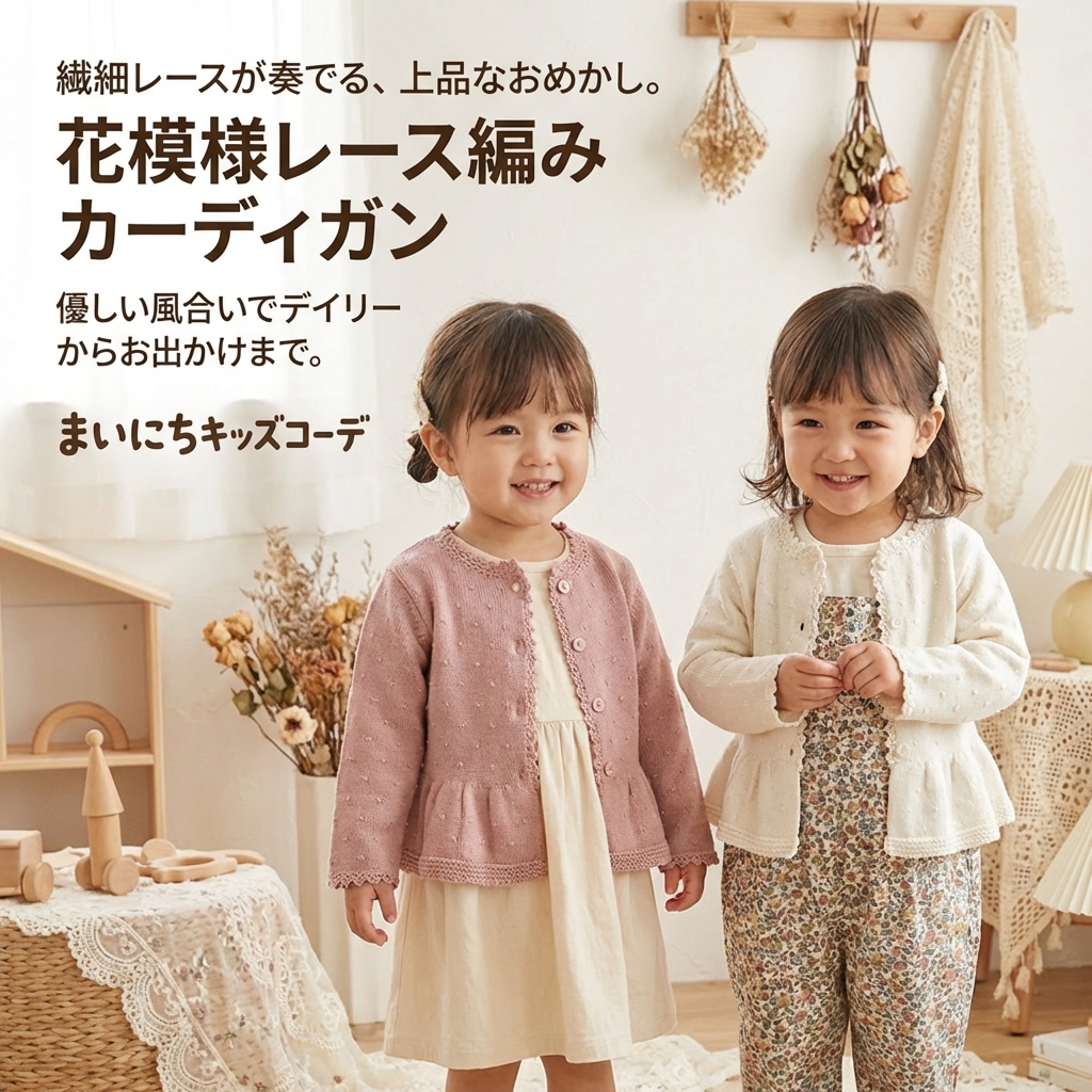 キッズファッション 花模様レース編み長袖カーディガン - 商品イメージ
