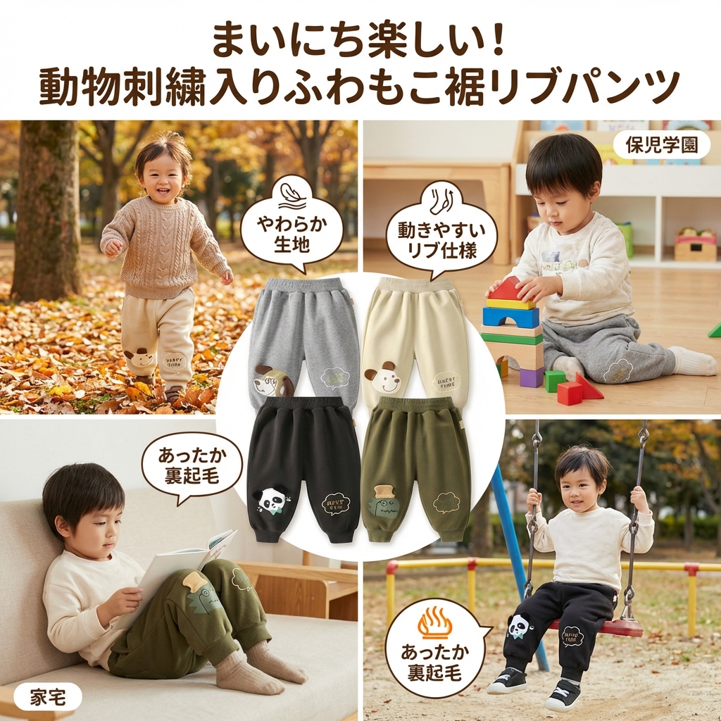 キッズファッション 動物刺繍入りふわもこ裾リブパンツ - 季節別のおすすめシーン