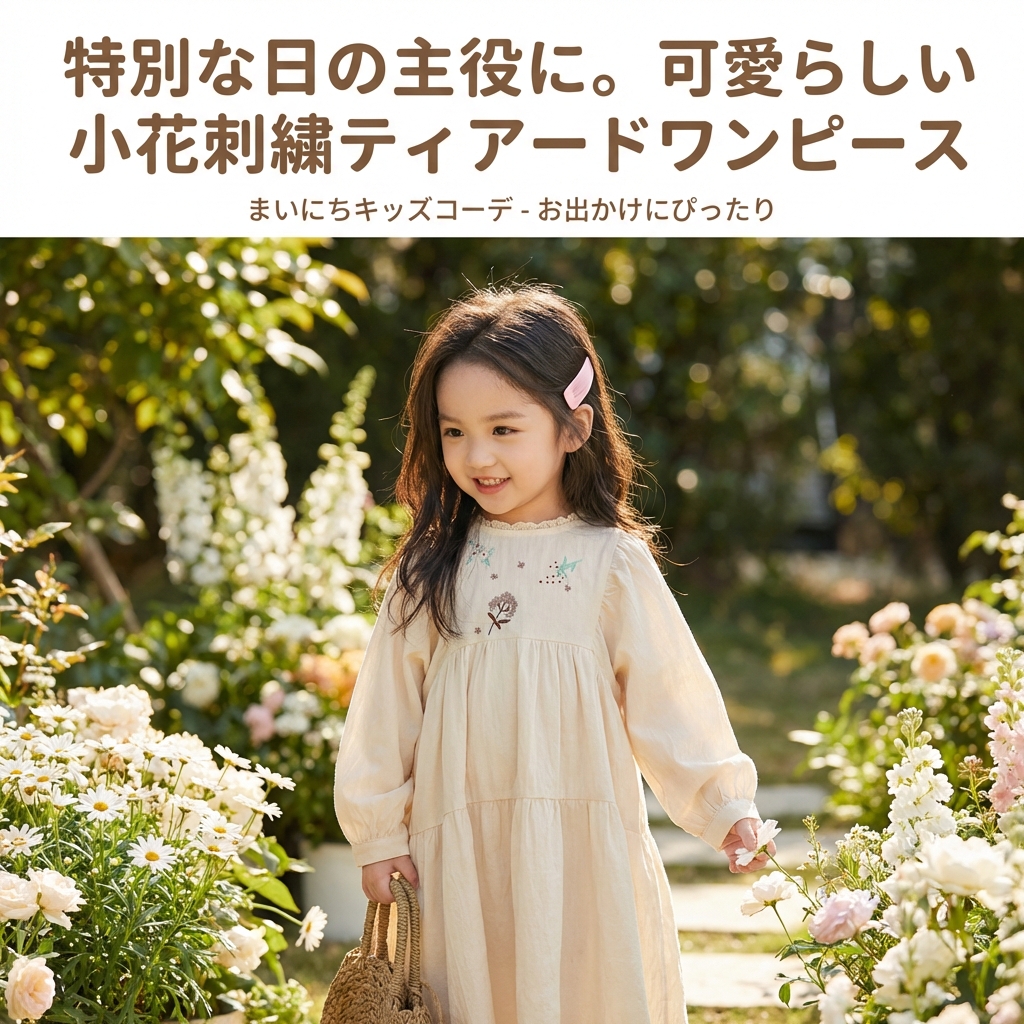 キッズファッション 花刺繍ティアード長袖ワンピース - 商品イメージ