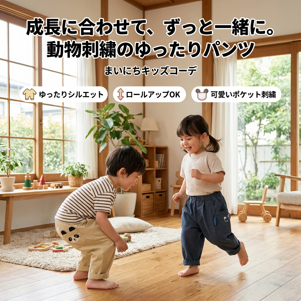 キッズファッション 動物刺繍付きゆったりロールアップパンツ - 商品イメージ