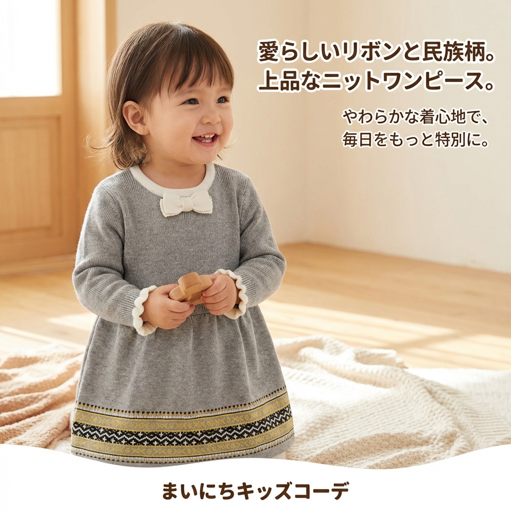 キッズファッション リボン付き民族風柄ニットワンピース - 商品イメージ