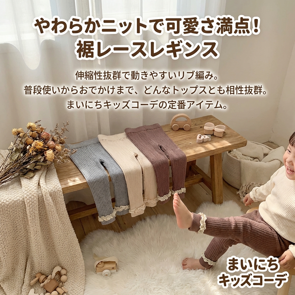 キッズファッション 裾レース付きリブ編みニットレギンス - 商品イメージ