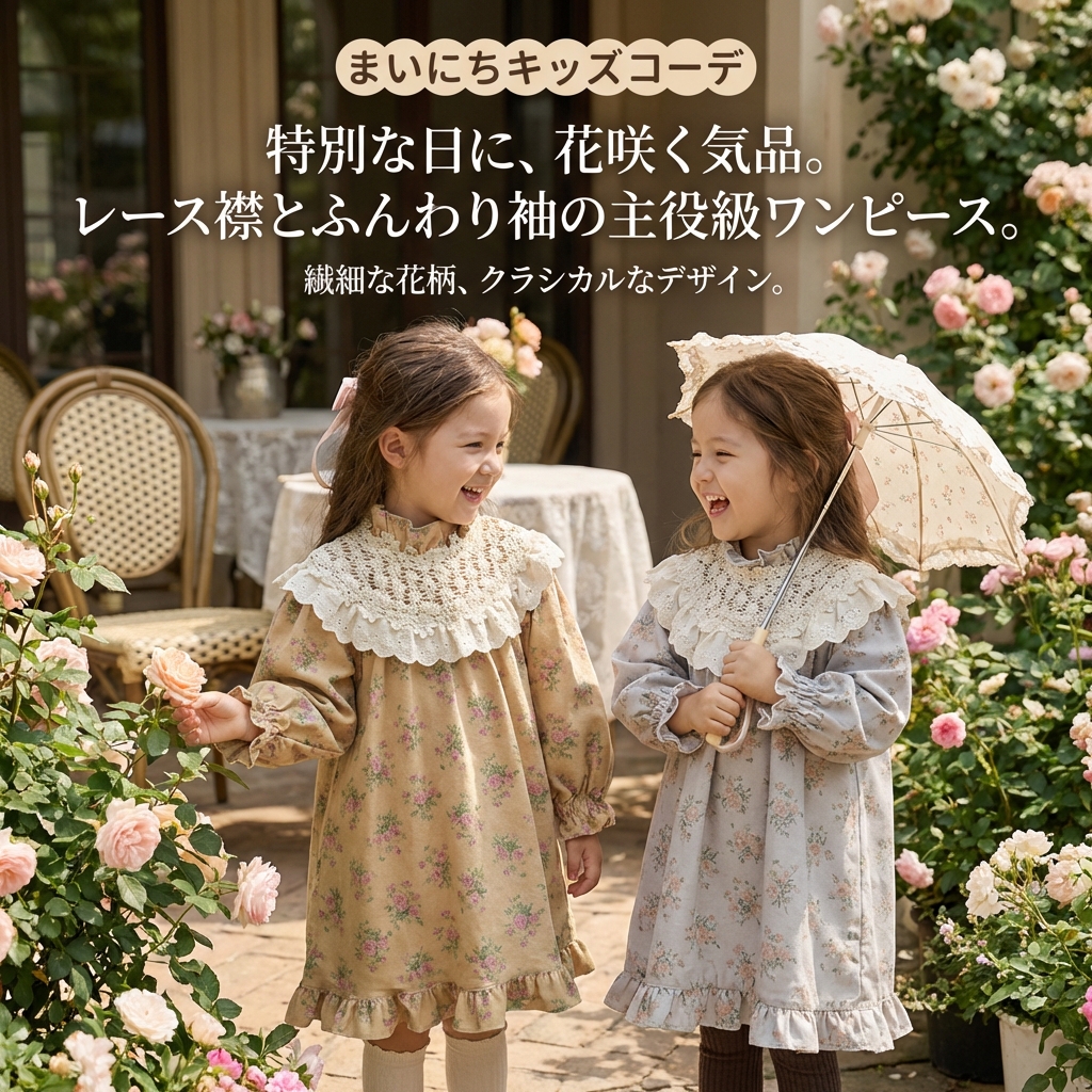 キッズファッション 花柄レース襟付きふんわり袖長袖ワンピース - 商品イメージ