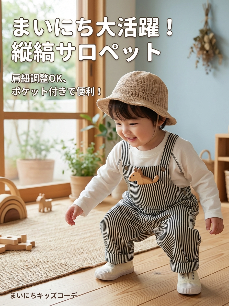 キッズファッション 縦縞模様の可愛いサロペットパンツ - 商品イメージ