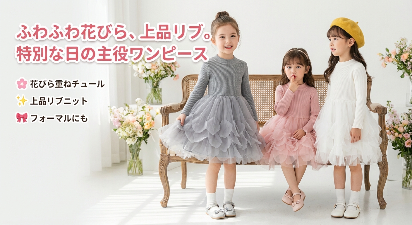 キッズファッション ふわふわ花びら重ねリブニット長袖ワンピース - 商品イメージ