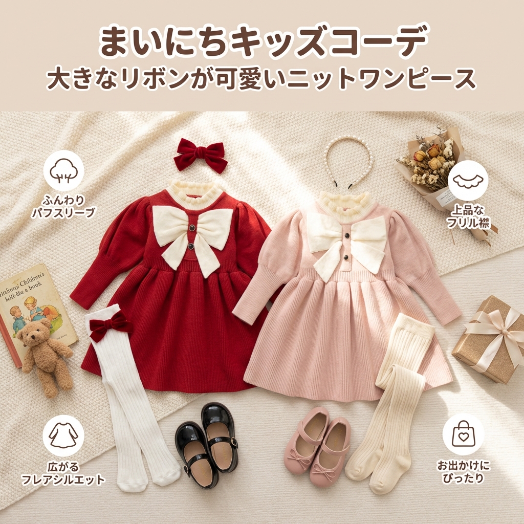 キッズファッション 大きなリボンが可愛いニットワンピース - デザインの特徴