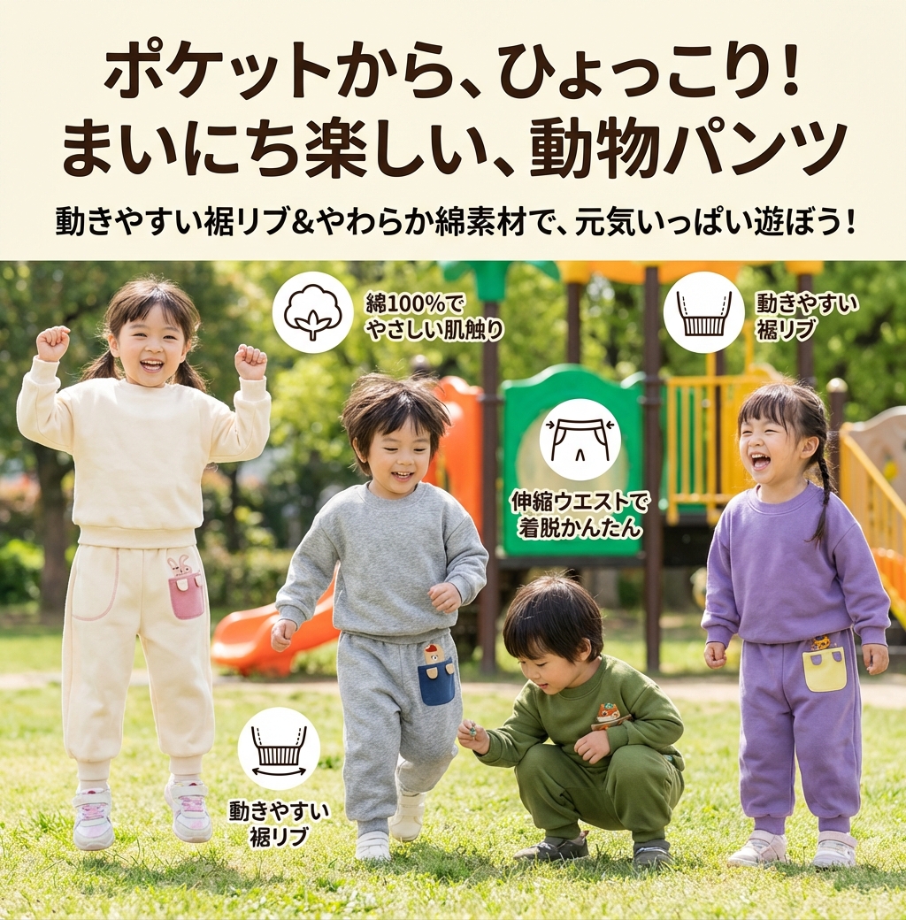 キッズファッション ひょっこり動物ポケット付き裾リブ運動着 - 商品イメージ