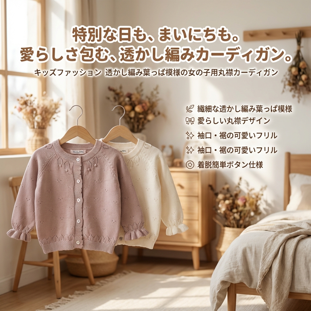 キッズファッション 透かし編み葉っぱ模様の女の子用丸襟カーディガン - 商品イメージ