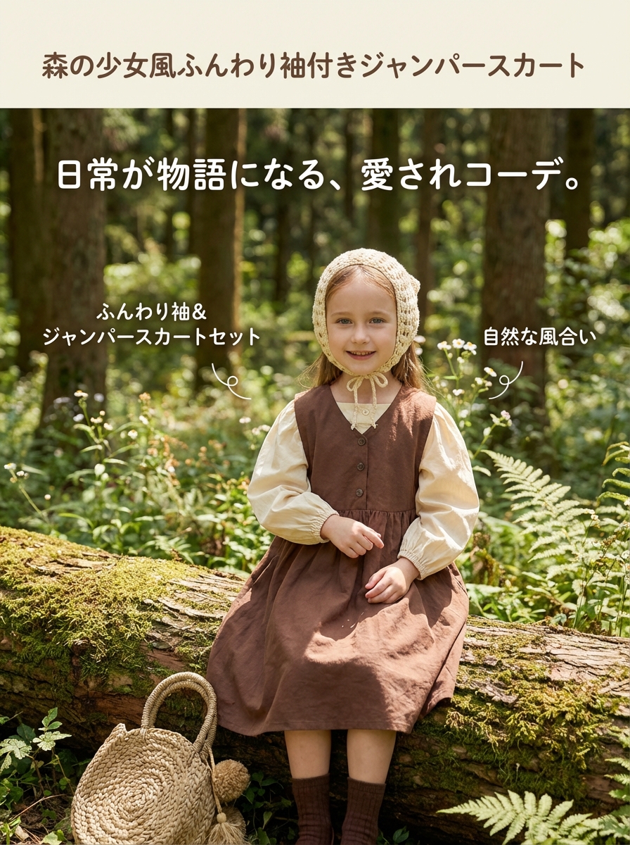 キッズファッション 森の少女風ふんわり袖付きジャンパースカート - 商品イメージ