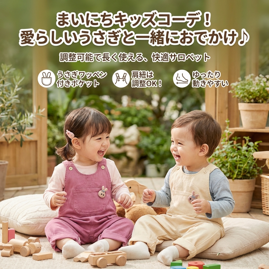 キッズファッション 可愛いうさぎワッペン付きサロペット - 商品イメージ