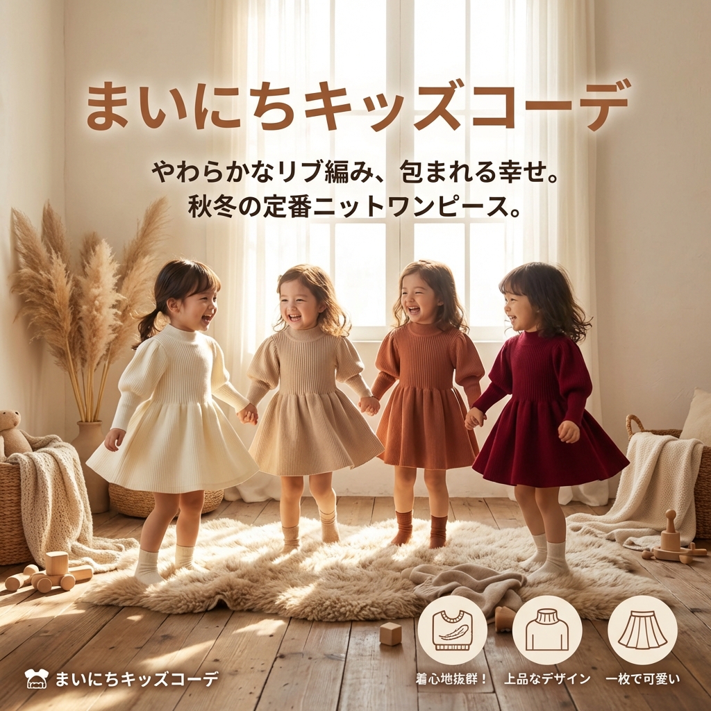 キッズファッション リブ編みハイネック長袖ニットワンピース - 商品イメージ